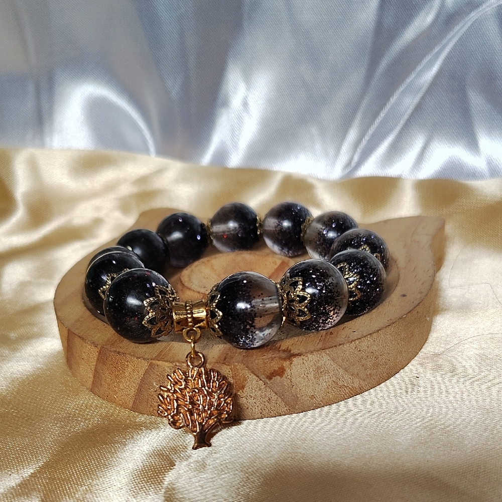 Elegant Black and Gold Beaded Bracelet with Tree Charm